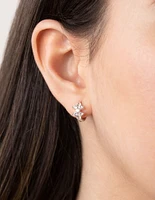 Silver Cubic Zirconia Double Flower Huggie Earrings
