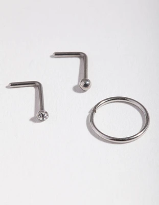 Surgical Steel Rhodium Diamond Nose Ring Pack