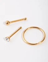 Gold Ball & Diamante Nose Ring & Stud Pack