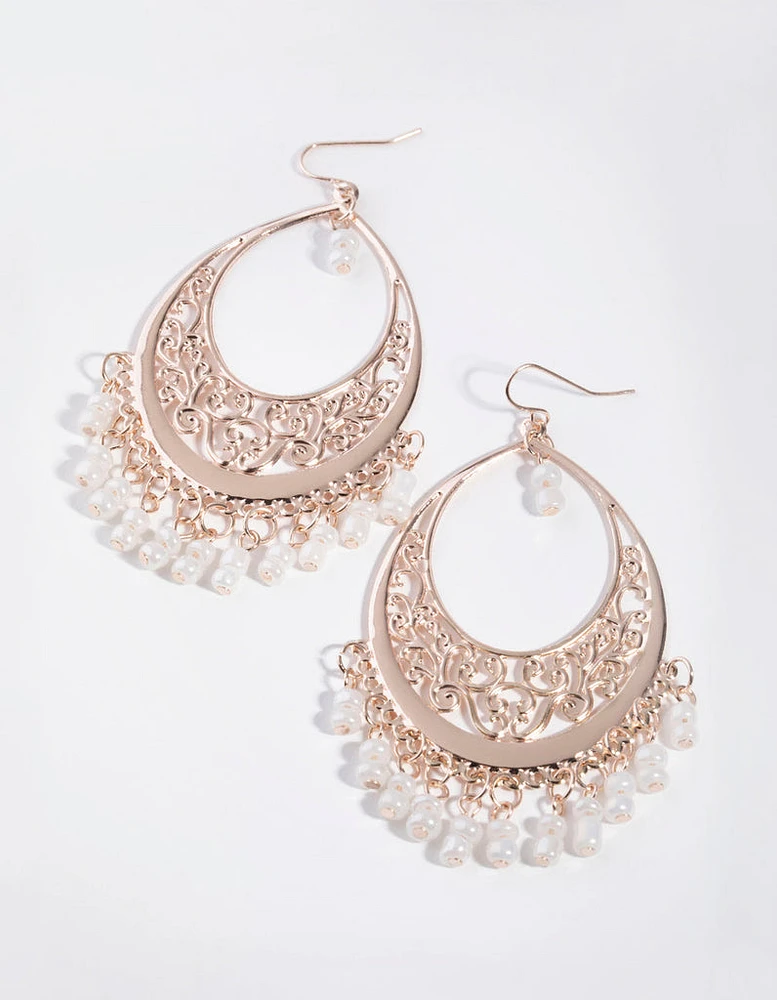 Rose Gold FIligree Teardrop Beaded Bottom Earrings