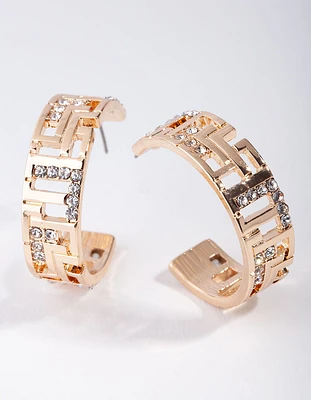 Gold Greek Key Diamante Hoop Earrings