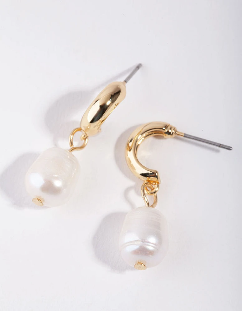 Gold Pearl Drop Huggie Earrings