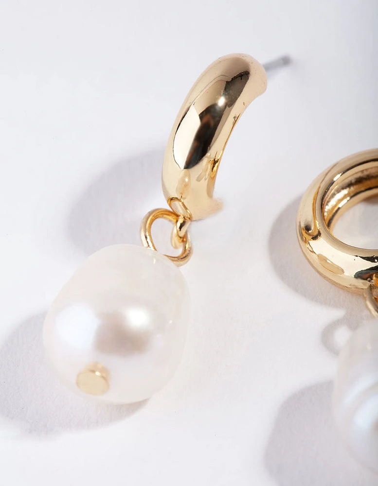 Gold Pearl Drop Huggie Earrings