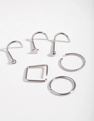 Surgical Steel Rhodium Twist Square Nose Stud 6-Pack