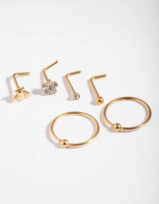 Gold Surgical Steel Flower & Bee Nose Stud 6-Pack