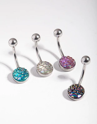 Surgical Steel Rhodium Mermaid Scale Belly Ring 4-Pack