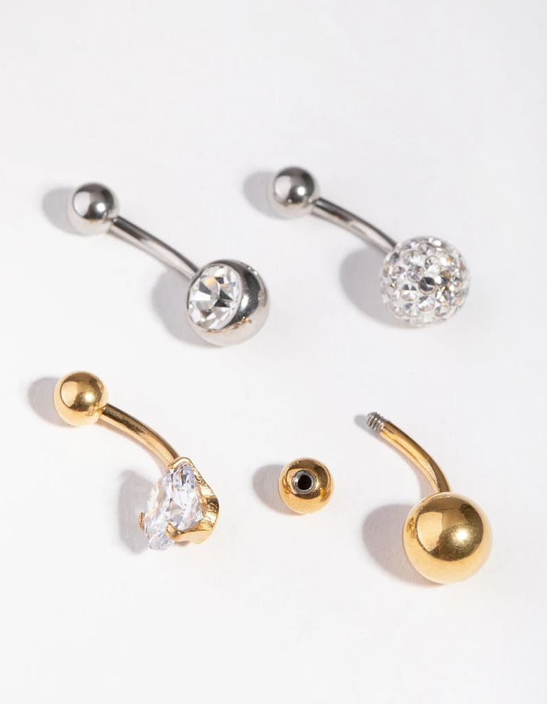 Mixed Metals Cubic Zirconia Fireball Bellybutton Ring 4-Pack