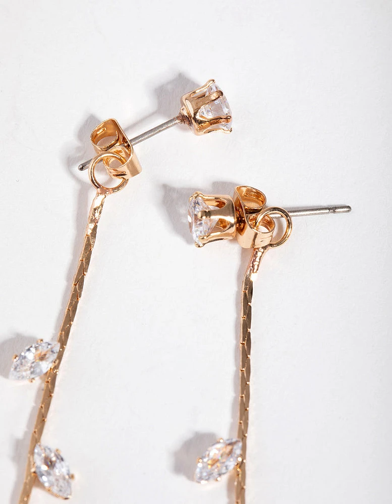 Gold Petal Diamante Long Drop Earrings