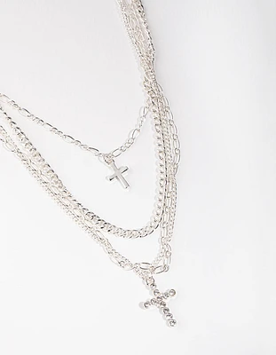 Silver Mix Chain Cross 4-row Necklace
