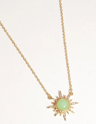 Gold Plated Diamante Semi Precious Jade Sun Necklace