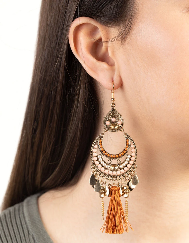 Gold Beaded Orange Tassel Chandbali Drop Earrings