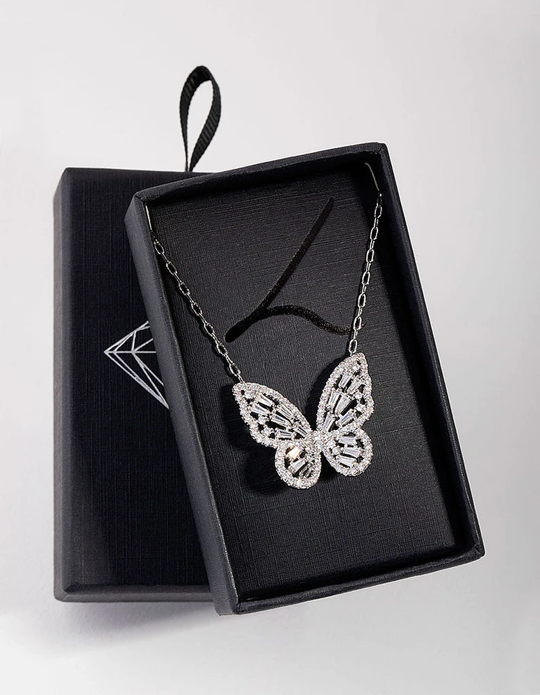 Rhodium Diamond Simulant Large Butterfly Necklace