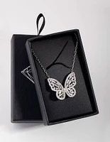 Rhodium Diamond Simulant Large Butterfly Necklace