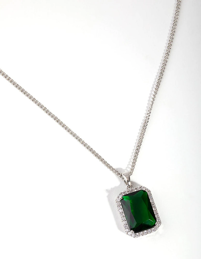 Rhodium Diamond Simulant Emerald Rectangle Necklace