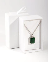 Rhodium Diamond Simulant Emerald Rectangle Necklace