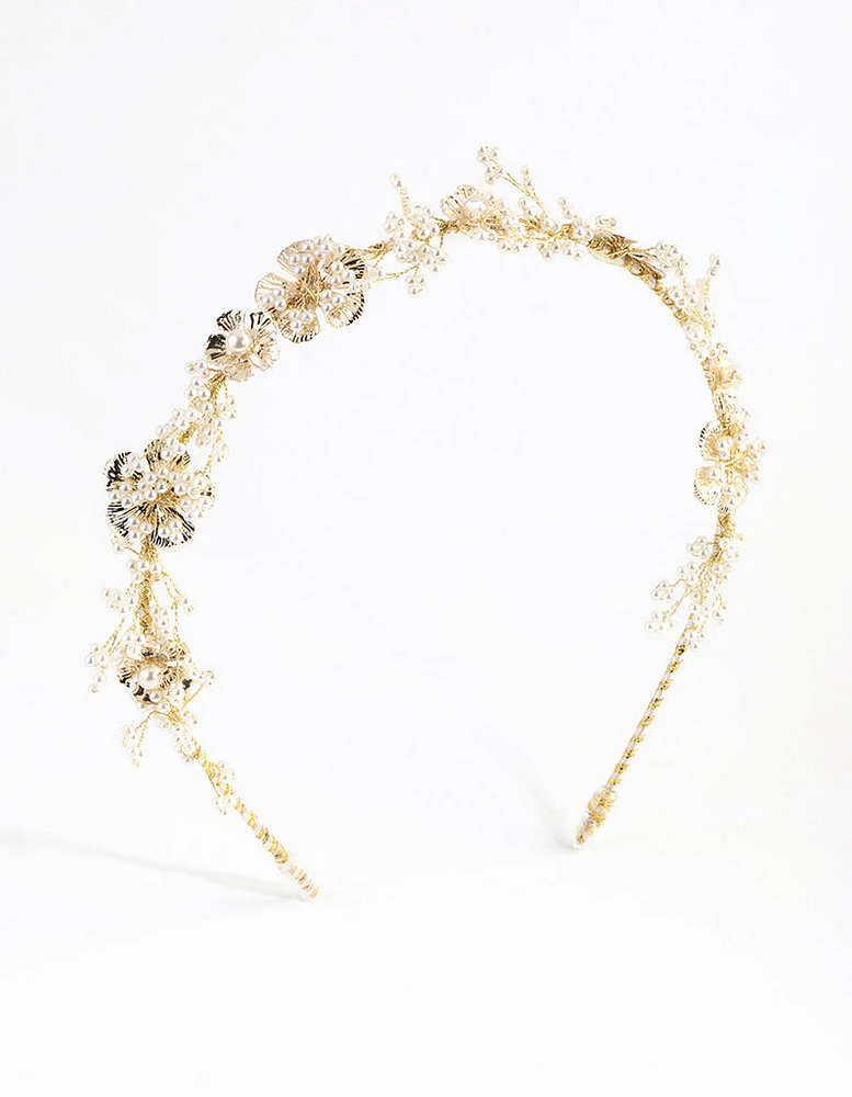 Gold Pearl & Flower Alice Band