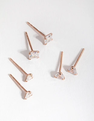 Sterling Silver Rose Gold Statement Cubic Zirconia Stud Pack Earring