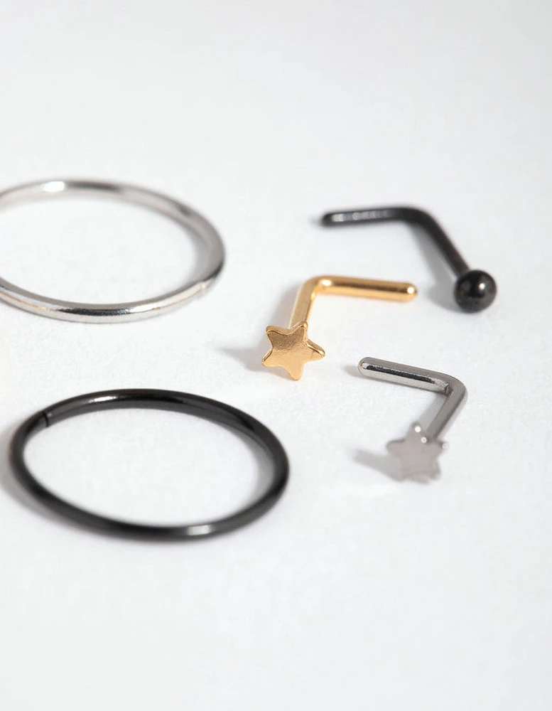 Mixed Metal Surgical Steel Ball Star Nose Ring & Stud 6-Pack