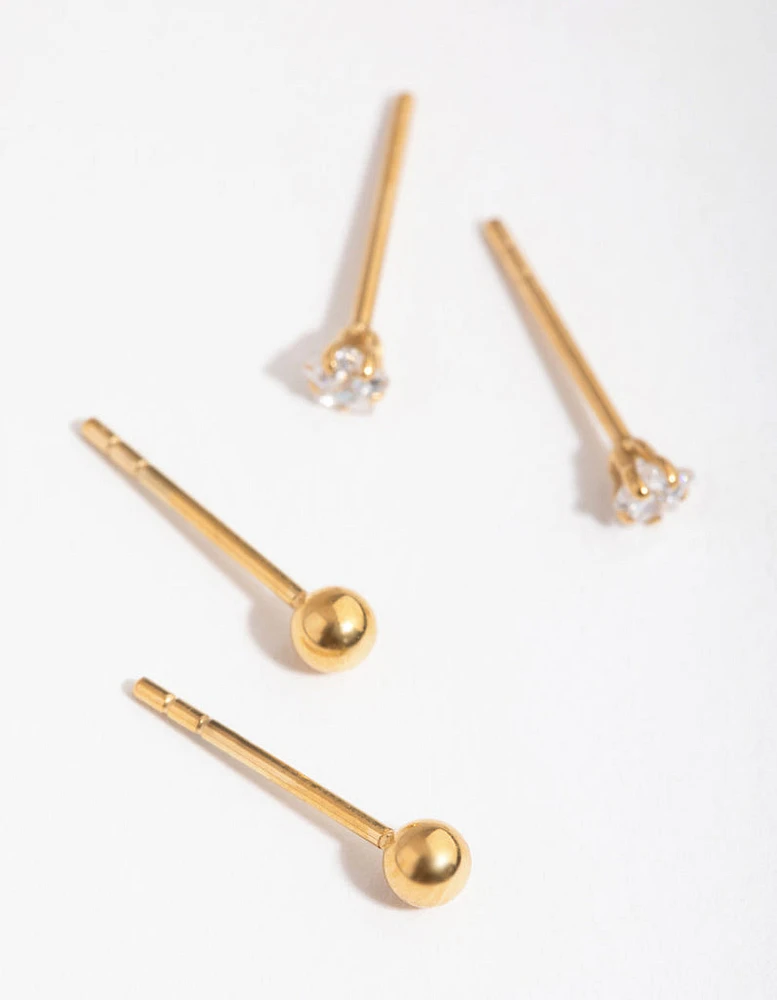 24 Carat Gold Plated Surgical Steel Star & Ball Pack Stud Earrings