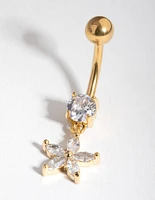 Gold Cubic Zirconia Flower Drop Belly Ring