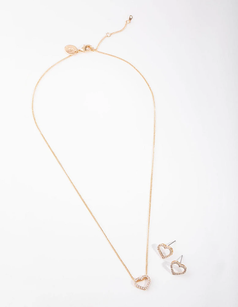 Gold Heart Diamond Simulants Necklace & Earrings