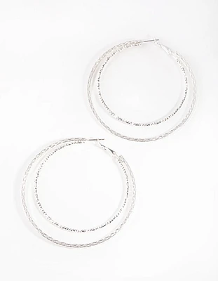 Silver Textured Double Hoop Earrings