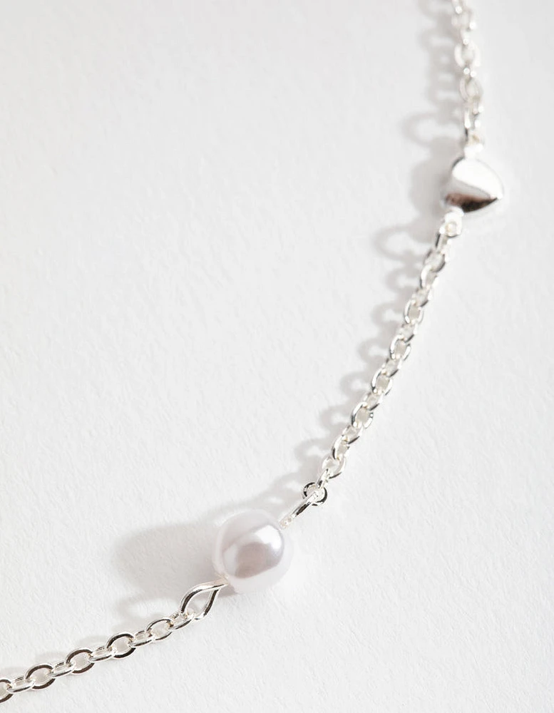 Silver Faux Pearl Heart Choker