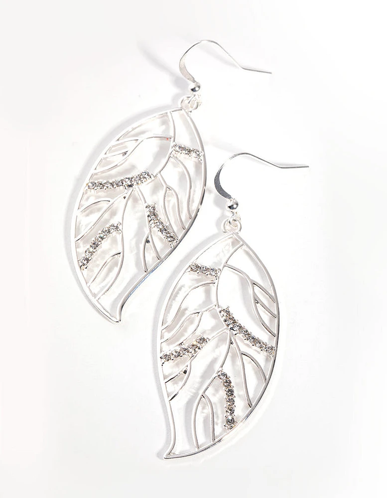 Silver Diamante Tree Leaf Drop Earrings