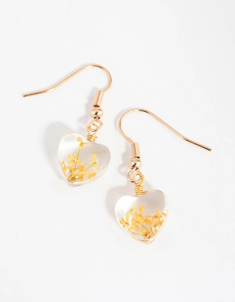 Yellow Heart Clear Bead Drop Earrings