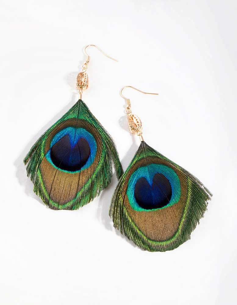 Gold Peacock Feather Drop Earrings