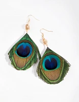 Gold Peacock Feather Drop Earrings