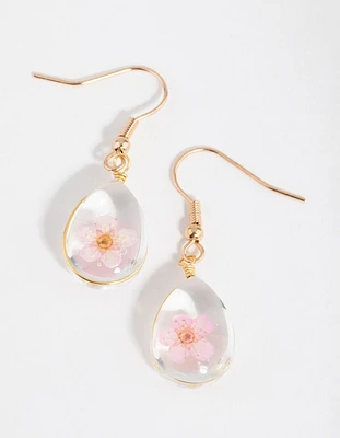 Pink Teardrop Clear Bead Drop Earrings
