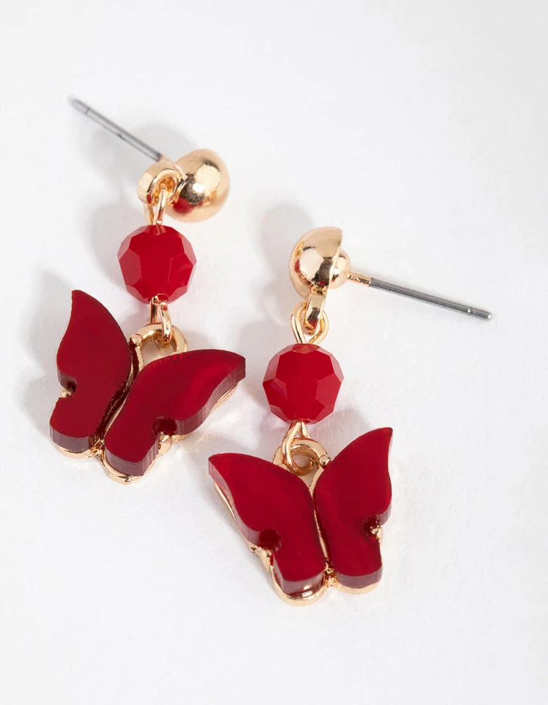 Gold Bead & Butterfly Drop Earrings