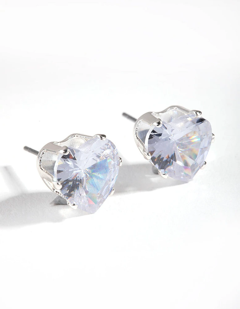 Silver Heart Stone Claw Stud Earrings