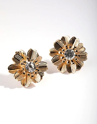 Gold Diamante Centre Flower Stud Earrings