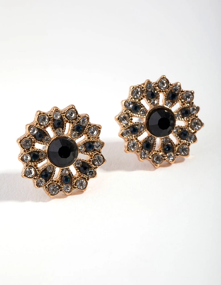 Gold Diamante Round Flower Stud Earrings