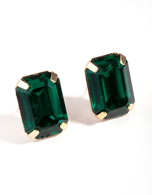 Gold Rectangular Green Stone Stud Earrings