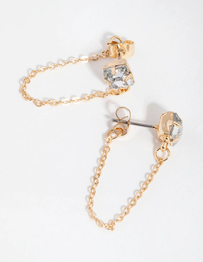 Gold Square Diamante Chain Stud Earrings