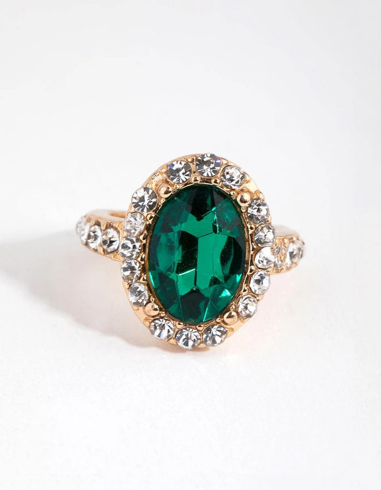 Gold Diamante Surrounded Green Stone Ring