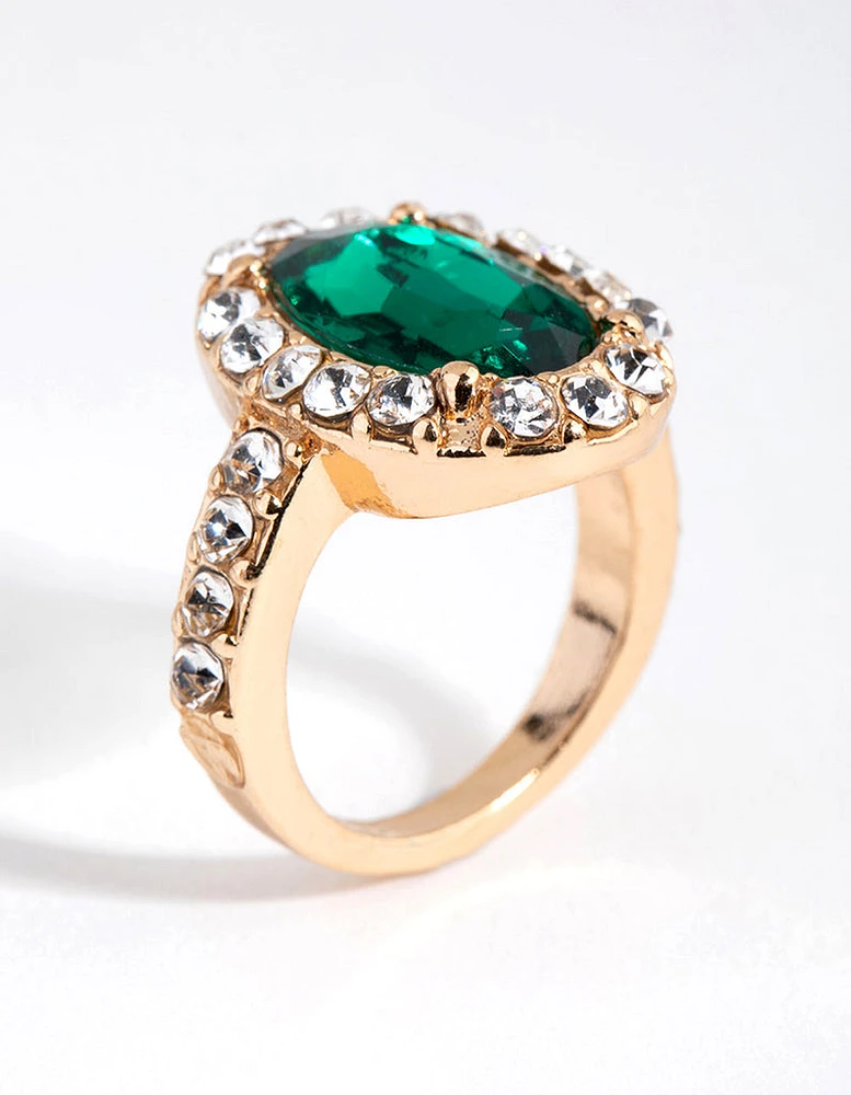 Gold Diamante Surrounded Green Stone Ring