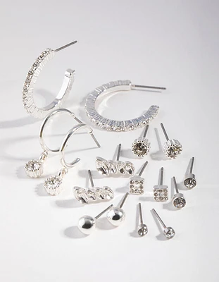 Silver Plain Diamante Stud Earring 8-Pack