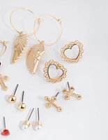 Gold Cross & Wings Earring 8-Pack