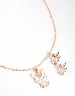 Kids Gold Bunny Necklace & Earrings Set