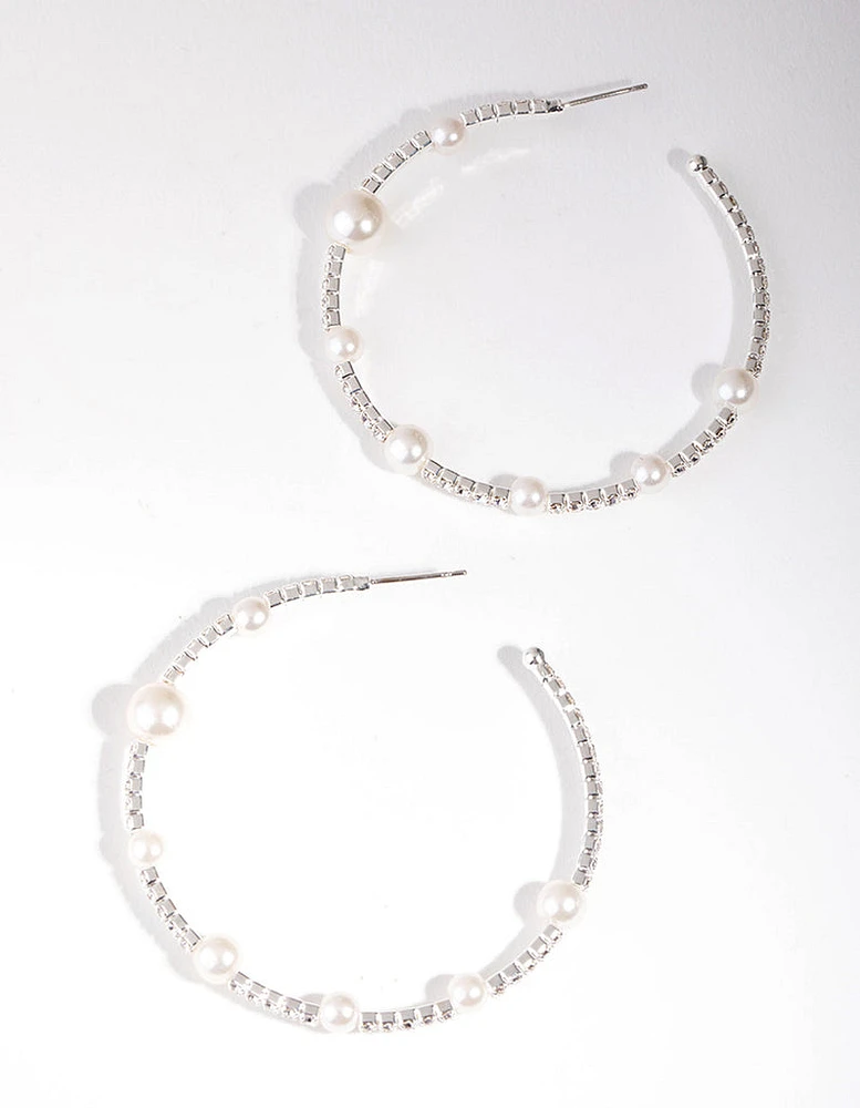 Silver Pearl & Diamante Hoop Earrings