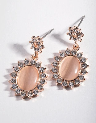 Rose Gold Oval Cateye Diamante Drop Earrings