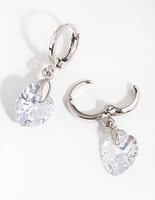 Rhodium Diamond Simulant Heart Huggie Earrings