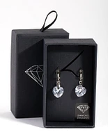 Rhodium Diamond Simulant Heart Huggie Earrings