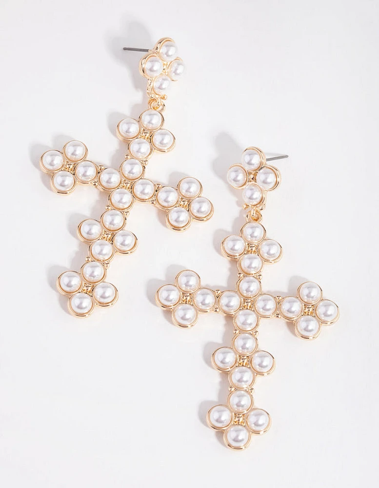 Gold Pearly Cross Earrings