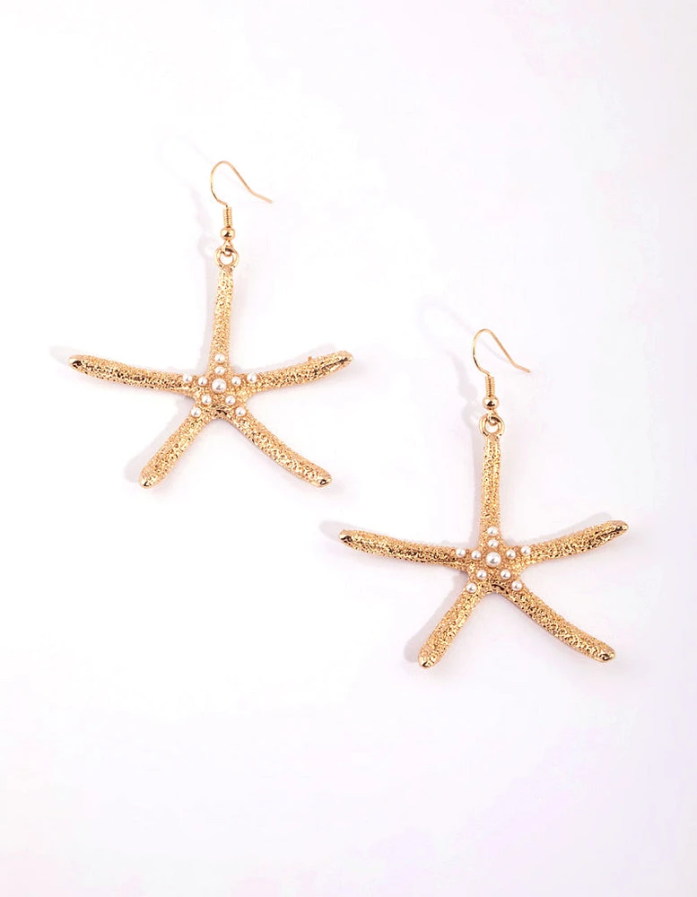 Gold Pearl Starfish Drop Earrings