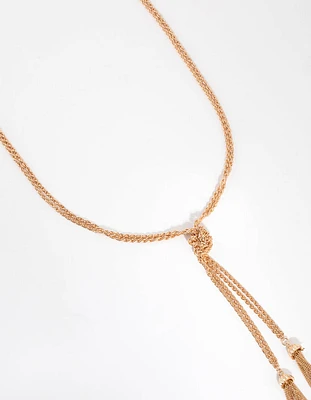 Long Gold Knot & Tassel Necklace